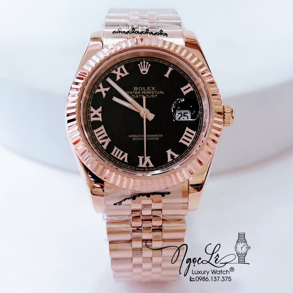 Đồng Hồ Rolex Datejust Automatic Nam Dây Thép Rose Mặt Đen Size 41mm - Số La Mã