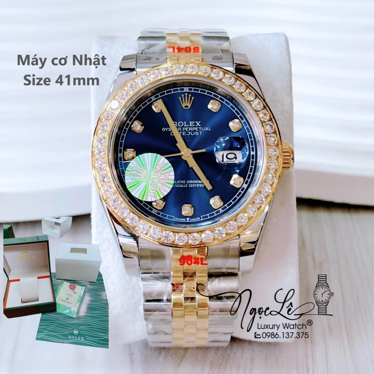 Đồng Hồ Nam Rolex Datejust Tự Động Dây Demi Vàng Mặt Xanh Đính Đá Size 41mm