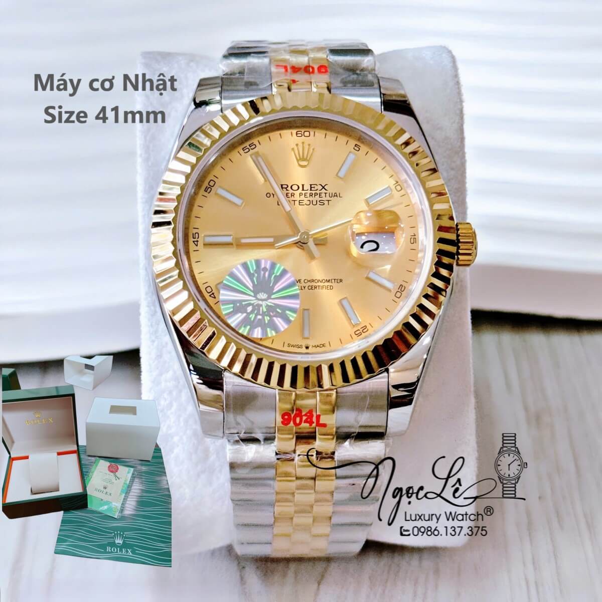 Đồng Hồ Nam Rolex Datejust Máy Cơ Tự Động Dây Demi Vàng Mặt Vàng Niềng Khía Size 41mm - Phản Quang