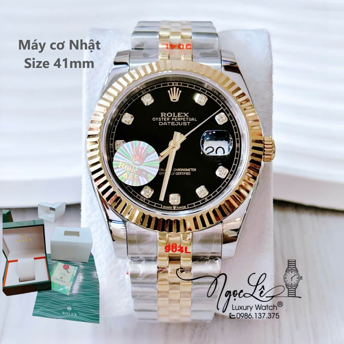 Đồng Hồ Nam Rolex Datejust Máy Cơ Tự Động Dây Demi Vàng Mặt Đen Niềng Khía Size 41mm