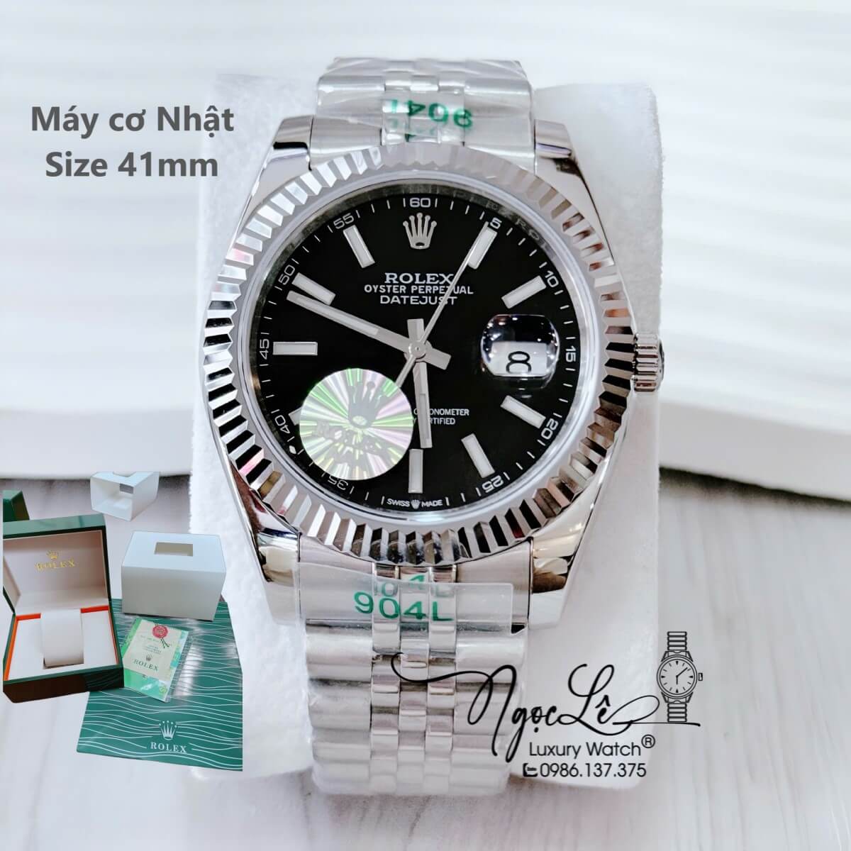 Đồng Hồ Nam Rolex Datejust Máy Cơ Tự Động Dây Bạc Mặt Đen Niềng Khía Size 41mm - Phản Quang