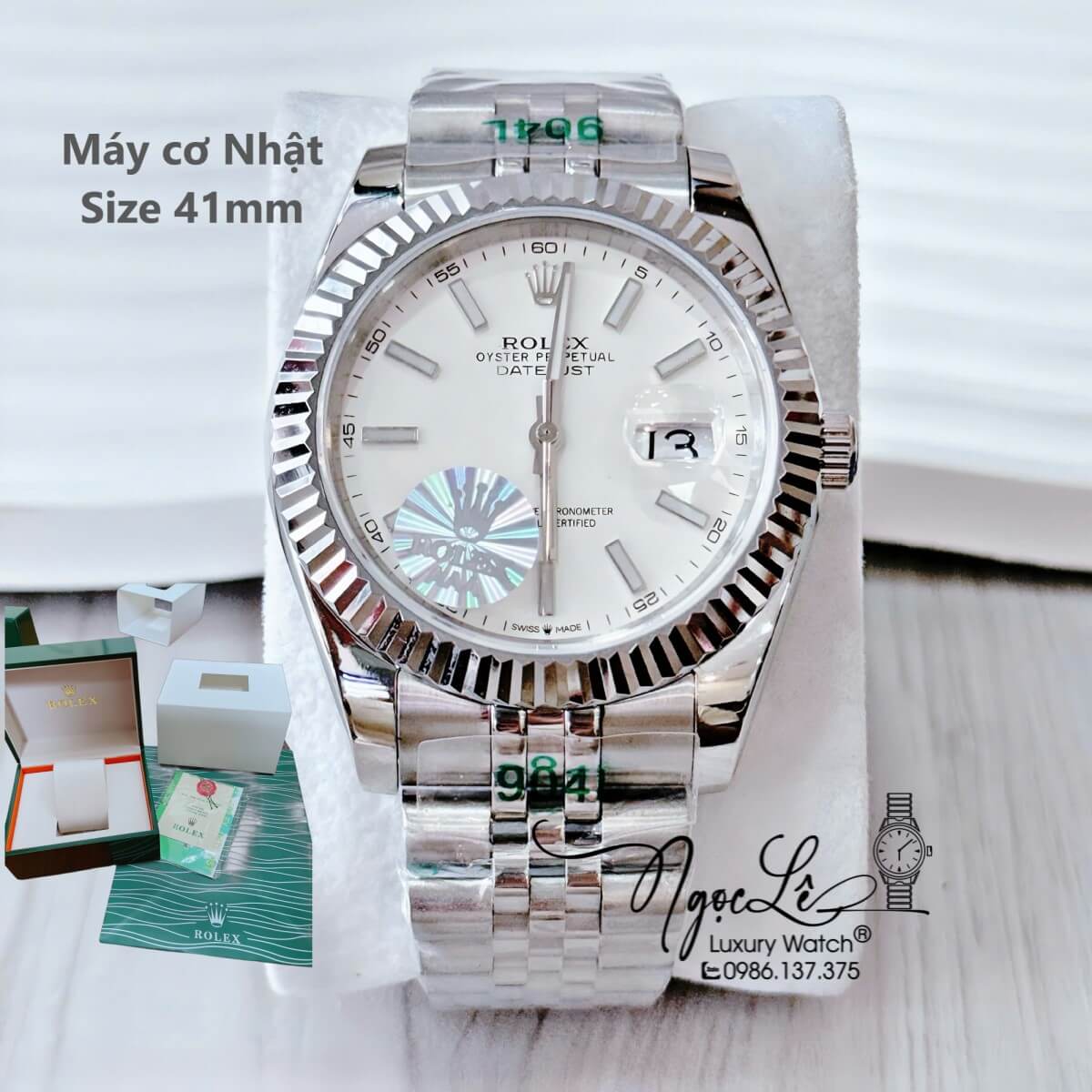 Đồng Hồ Nam Rolex Datejust Máy Cơ Tự Động Dây Bạc Mặt Trắng Niềng Khía Size 41mm - Phản Quang