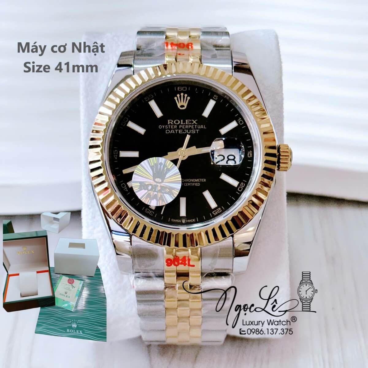 Đồng Hồ Nam Rolex Datejust Máy Cơ Tự Động Dây Demi Vàng Mặt Đen Niềng Khía Size 41mm - Phản Quang