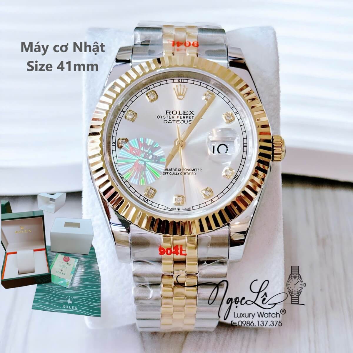 Đồng Hồ Nam Rolex Datejust Máy Cơ Tự Động Dây Demi Vàng Mặt Trắng Niềng Khía Size 41mm