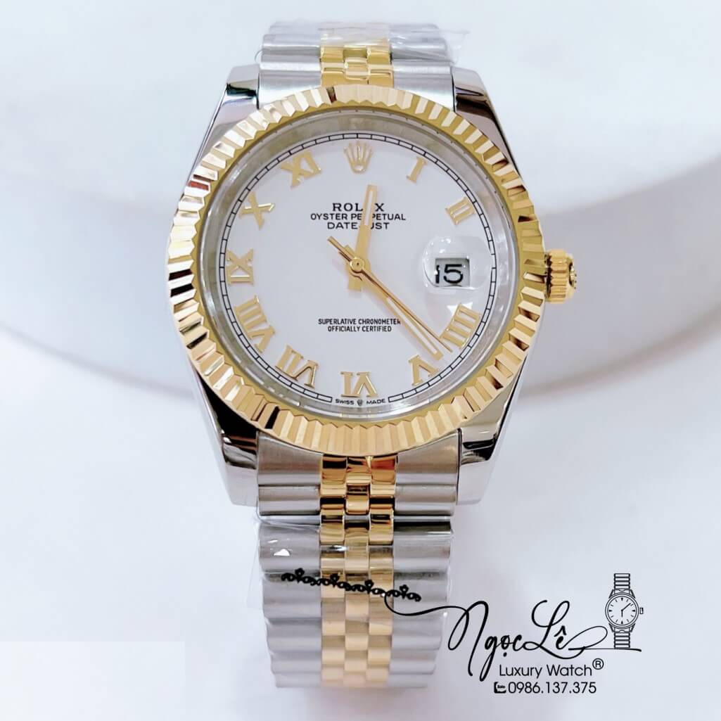 Đồng Hồ Rolex Datejust Automatic Nam Dây Thép Demi Mặt Trắng Size 41mm - Số La Mã