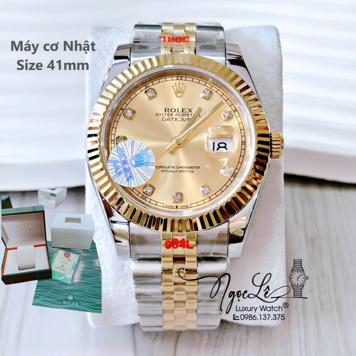 Đồng Hồ Nam Rolex Datejust Máy Cơ Tự Động Dây Demi Vàng Mặt Vàng Niềng Khía Size 41mm