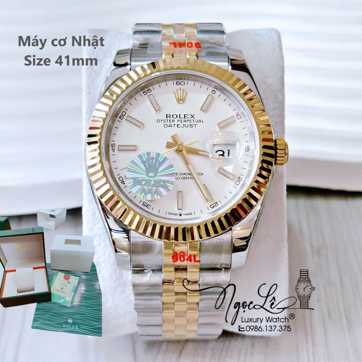 Đồng Hồ Nam Rolex Datejust Máy Cơ Tự Động Dây Demi Vàng Mặt Trắng Niềng Khía Size 41mm - Phản Quang