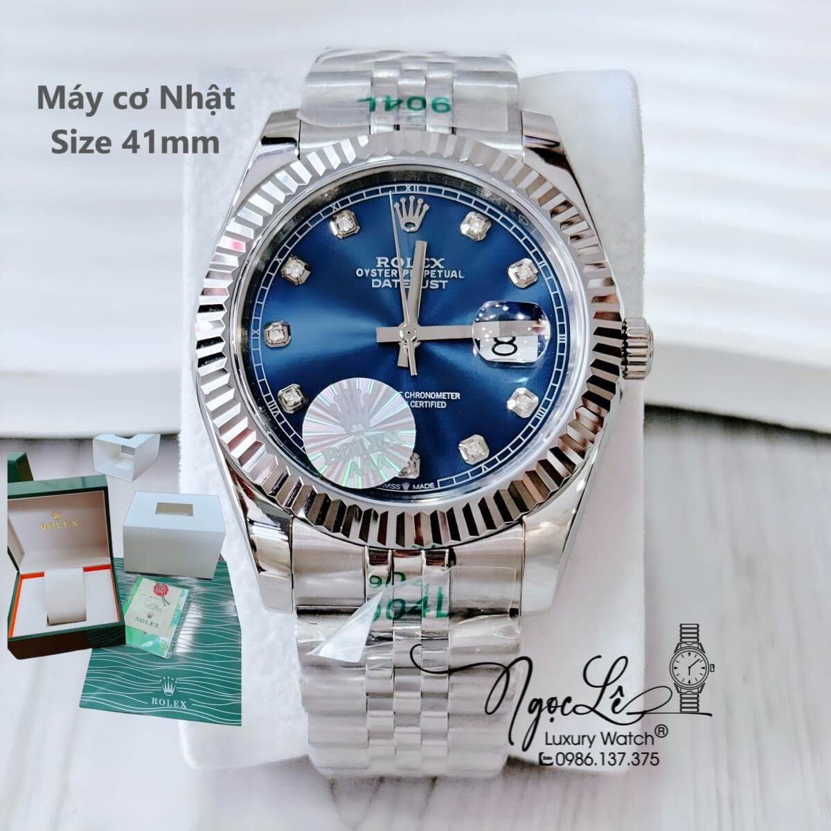 Đồng Hồ Nam Rolex Datejust Máy Cơ Tự Động Dây Bạc Mặt Xanh Niềng Khía Size 41mm