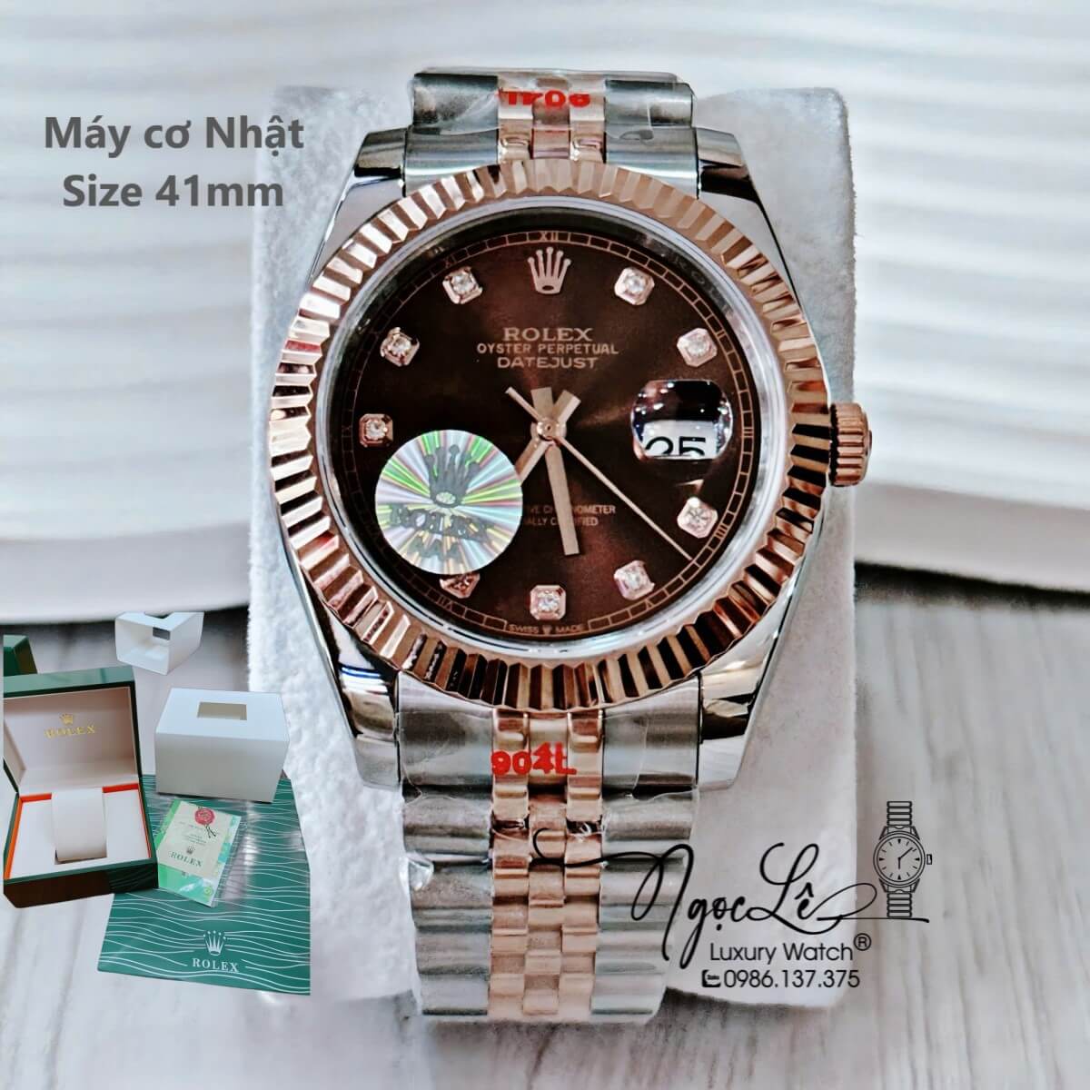 Đồng Hồ Nam Rolex Datejust Máy Cơ Tự Động Dây Demi Rose Mặt Nâu Niềng Khía Size 41mm