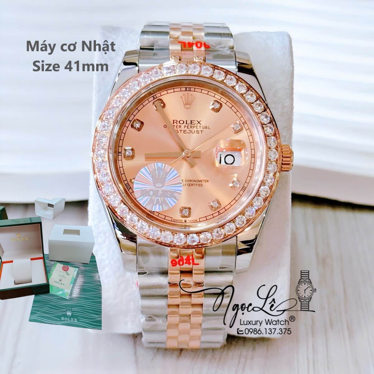 Đồng Hồ Nam Rolex Datejust Tự Động Dây Demi Vàng Hồng Đính Đá Size 41mm