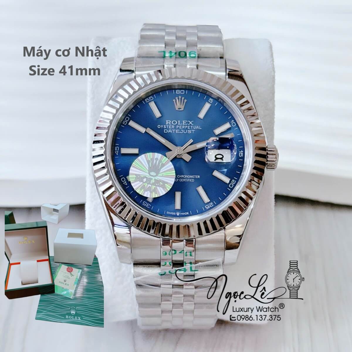 Đồng Hồ Nam Rolex Datejust Máy Cơ Tự Động Dây Bạc Mặt Xanh Niềng Khía Size 41mm - Phản Quang