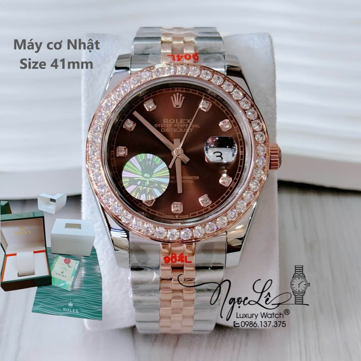 Đồng Hồ Nam Rolex Datejust Tự Động Dây Demi Vàng Hồng Mặt Nâu Đính Đá Size 41mm