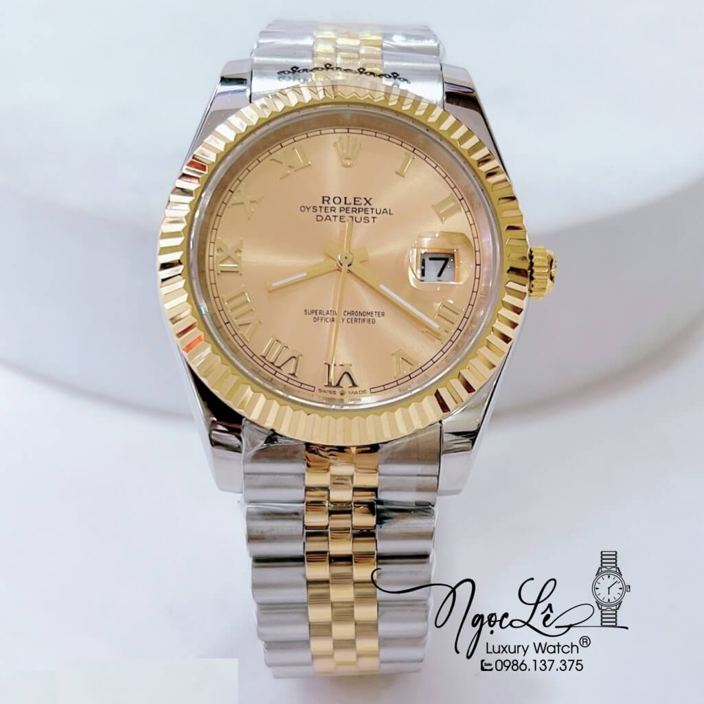 Đồng Hồ Rolex Datejust Automatic Nam Dây Thép Demi Mặt Vàng Size 41mm - Số La Mã