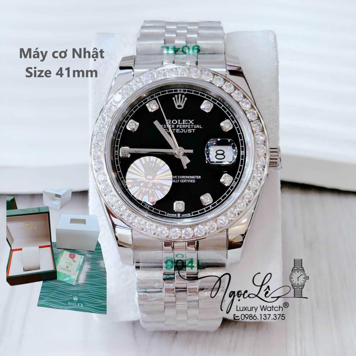 Đồng Hồ Nam Rolex Datejust Tự Động Dây Kim Loại Bạc Mặt Đen Đính Đá Size 41mm