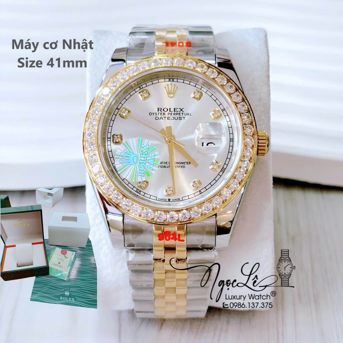 Đồng Hồ Nam Rolex Datejust Tự Động Dây Demi Vàng Mặt Trắng Đính Đá Size 41mm