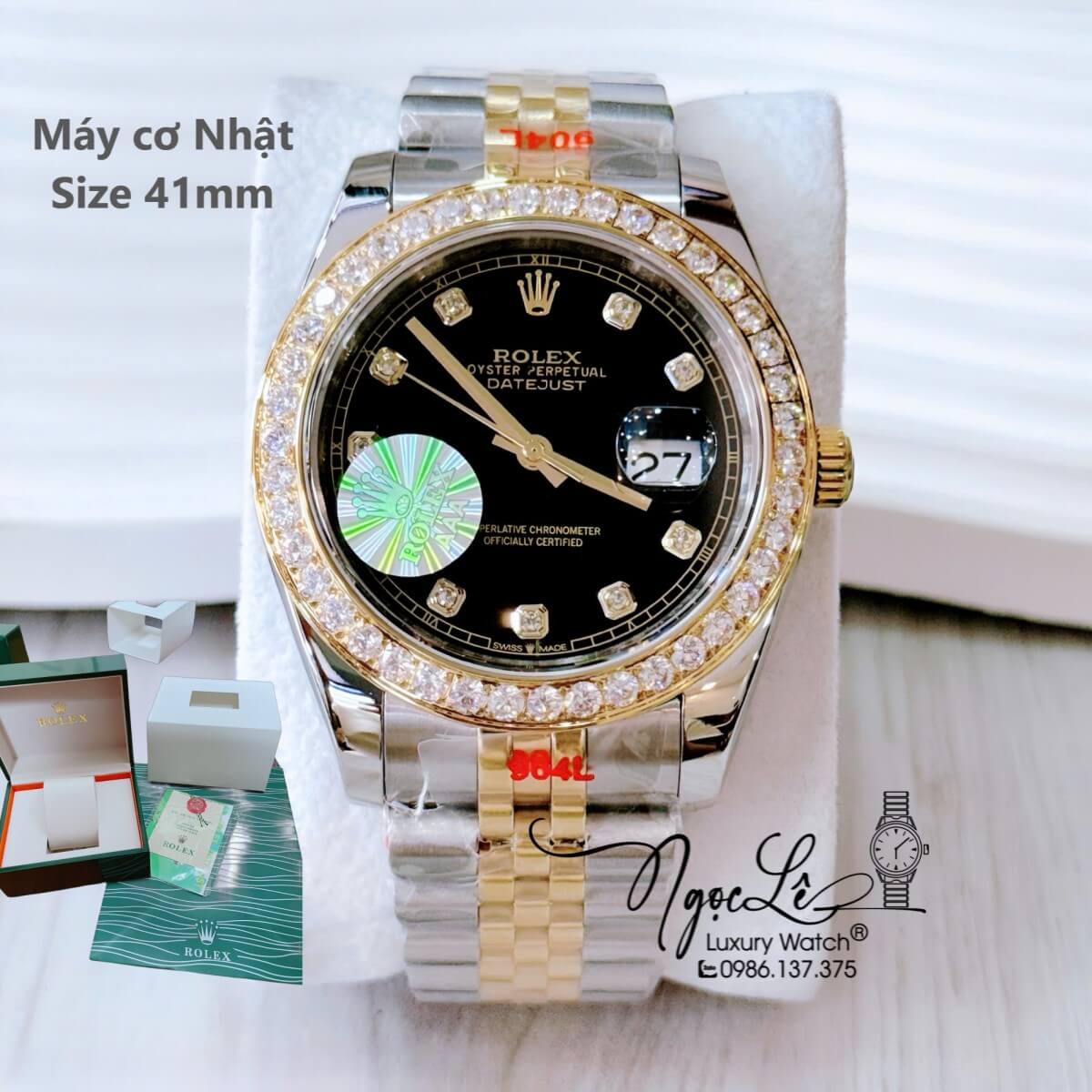 Đồng Hồ Nam Rolex Datejust Tự Động Dây Demi Vàng Mặt Đen Đính Đá Size 41mm