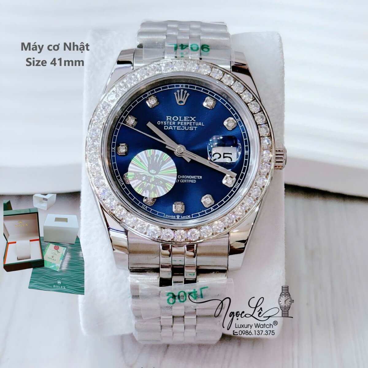 Đồng Hồ Nam Rolex Datejust Tự Động Dây Kim Loại Bạc Mặt Xanh Đính Đá Size 41mm