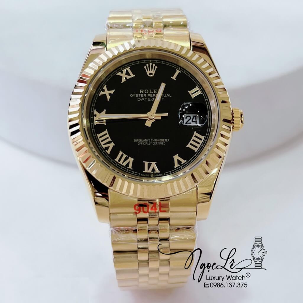 Đồng Hồ Rolex Datejust Automatic Nam Dây Thép Vàng Mặt Đen Size 41mm - Số La Mã