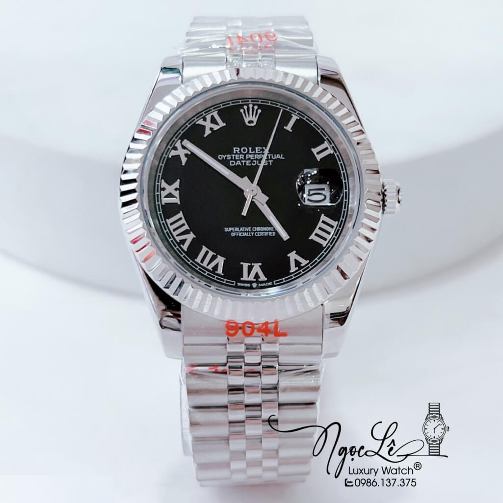 Đồng Hồ Rolex Datejust Automatic Nam Dây Thép Bạc Mặt Đen Size 41mm - Số La Mã