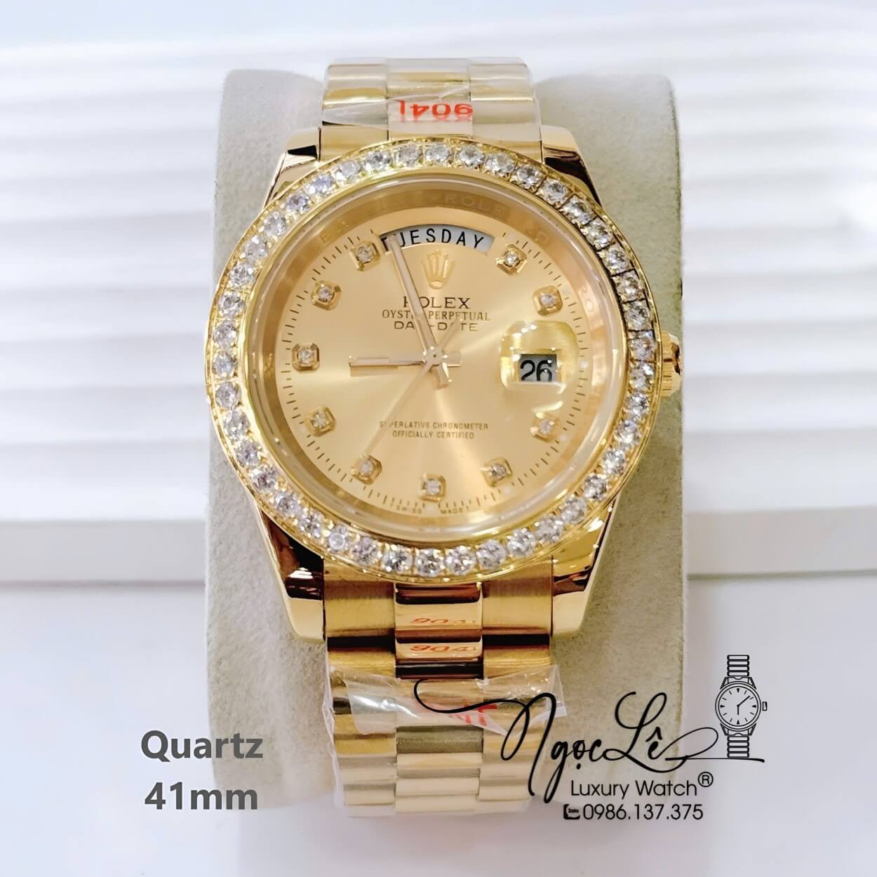 Đồng Hồ Nam Rolex Day Date Dây Kim Loại Vàng Mặt Vàng Máy Pin Đính Đá Size 41mm