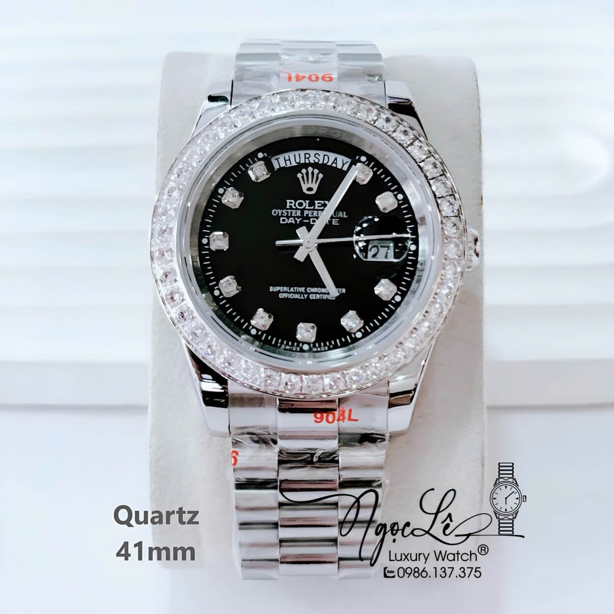 Đồng Hồ Nam Rolex Day Date Dây Kim Loại Bạc Mặt Đen Máy Pin Đính Đá Size 41mm