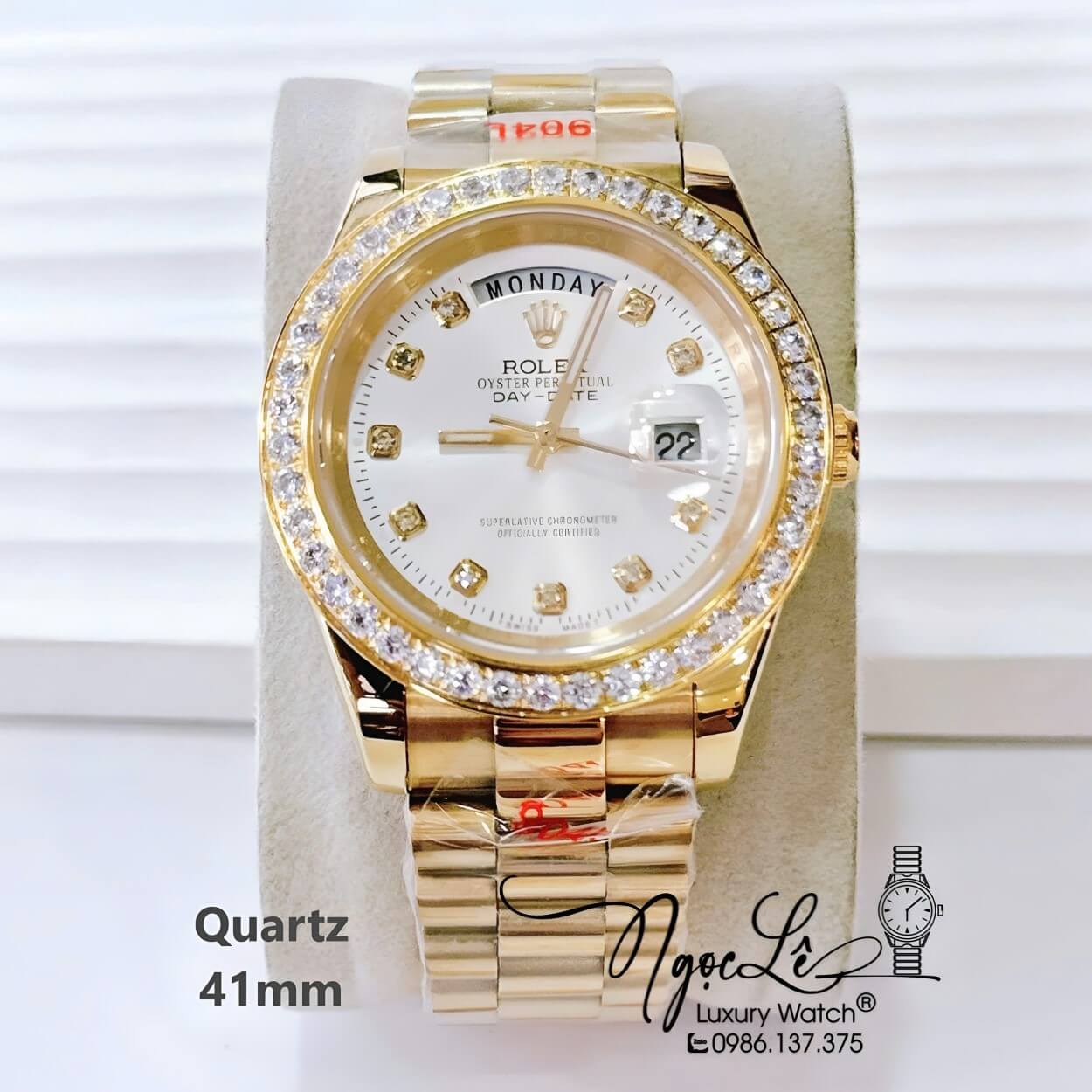 Đồng Hồ Nam Rolex Day Date Dây Kim Loại Vàng Mặt Trắng Máy Pin Đính Đá Size 41mm
