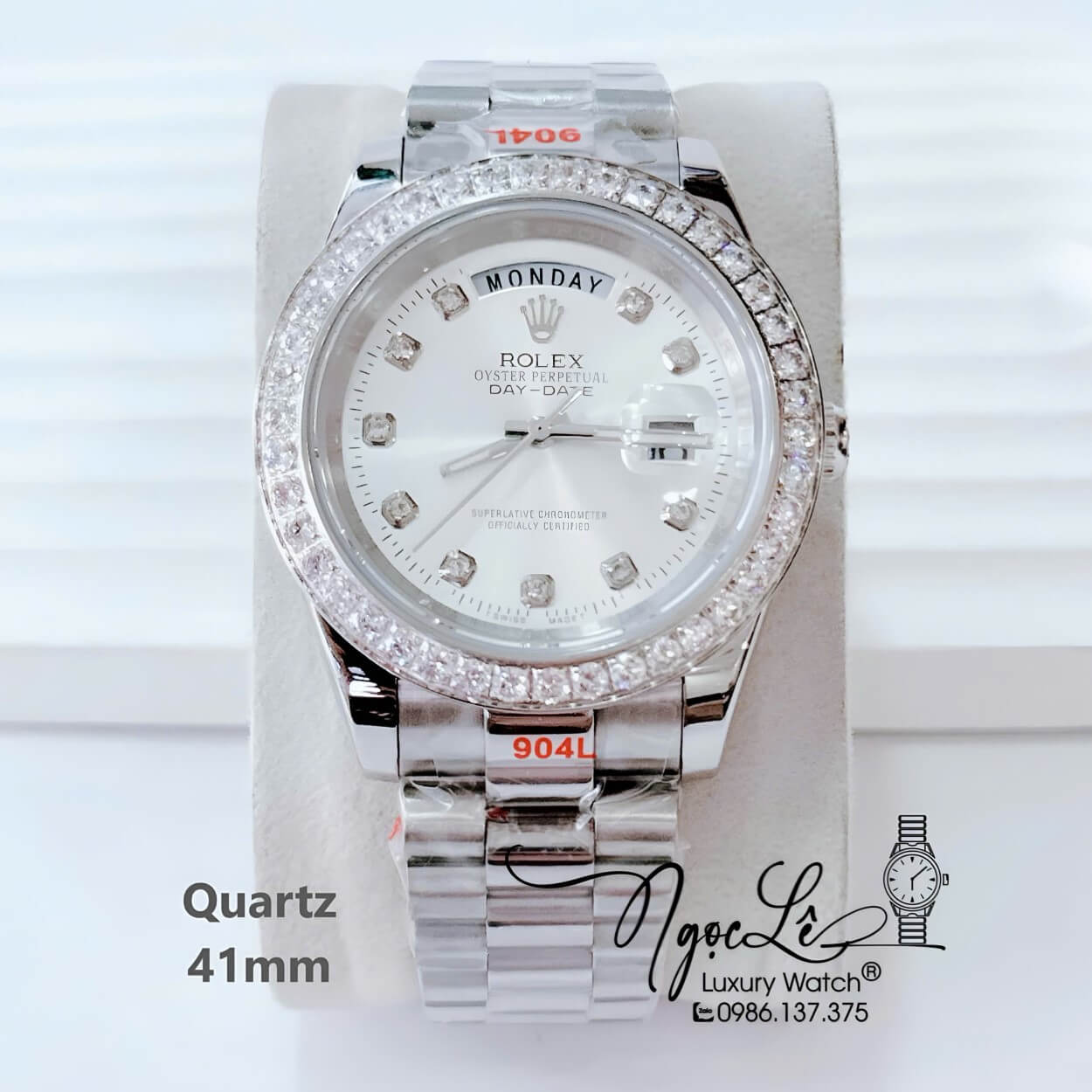 Đồng Hồ Nam Rolex Day Date Dây Kim Loại Bạc Mặt Trắng Máy Pin Đính Đá Size 41mm