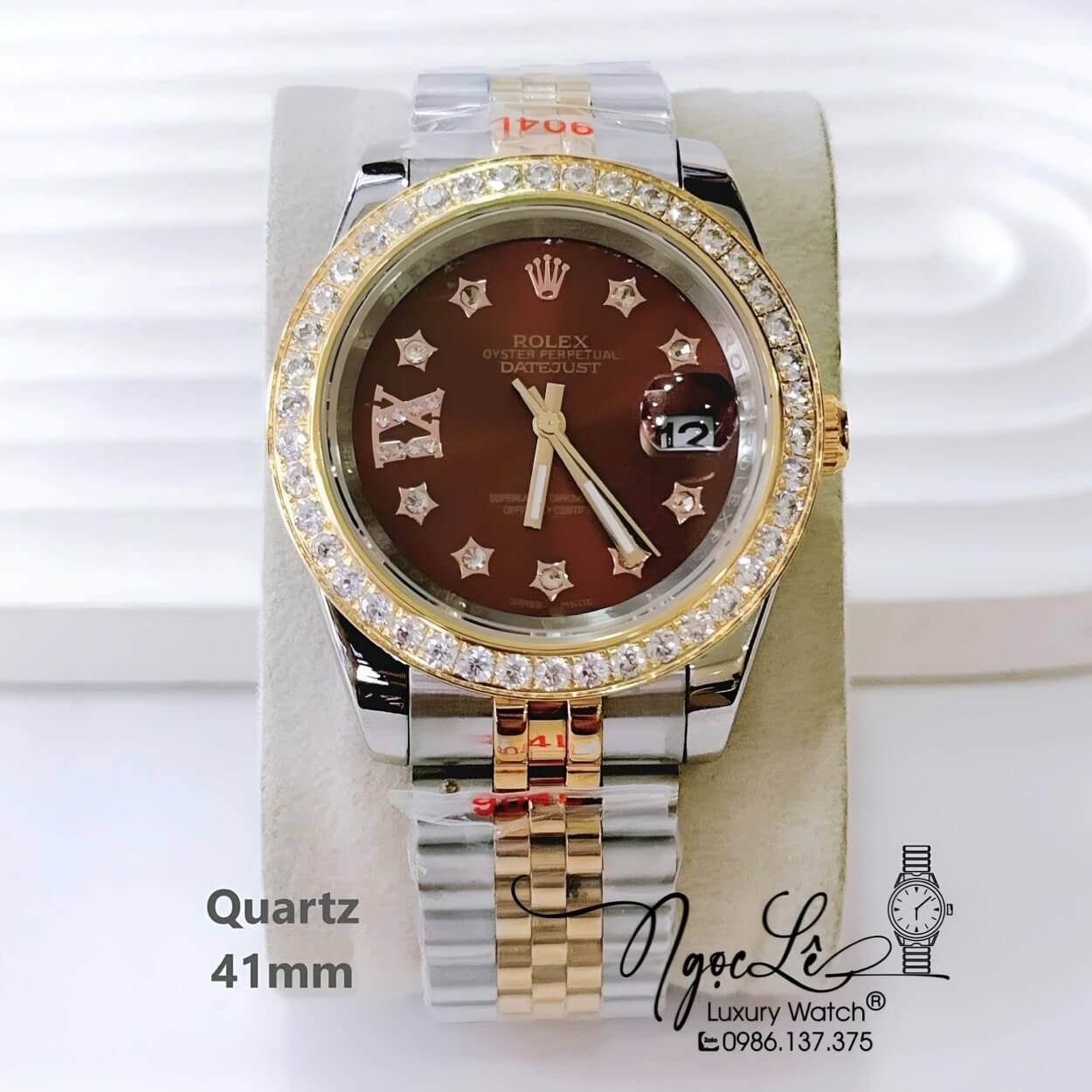 Đồng Hồ Nam Rolex Day Date Dây Kim Loại Demi Vàng Mặt Nâu Máy Pin Đính Đá Size 41mm