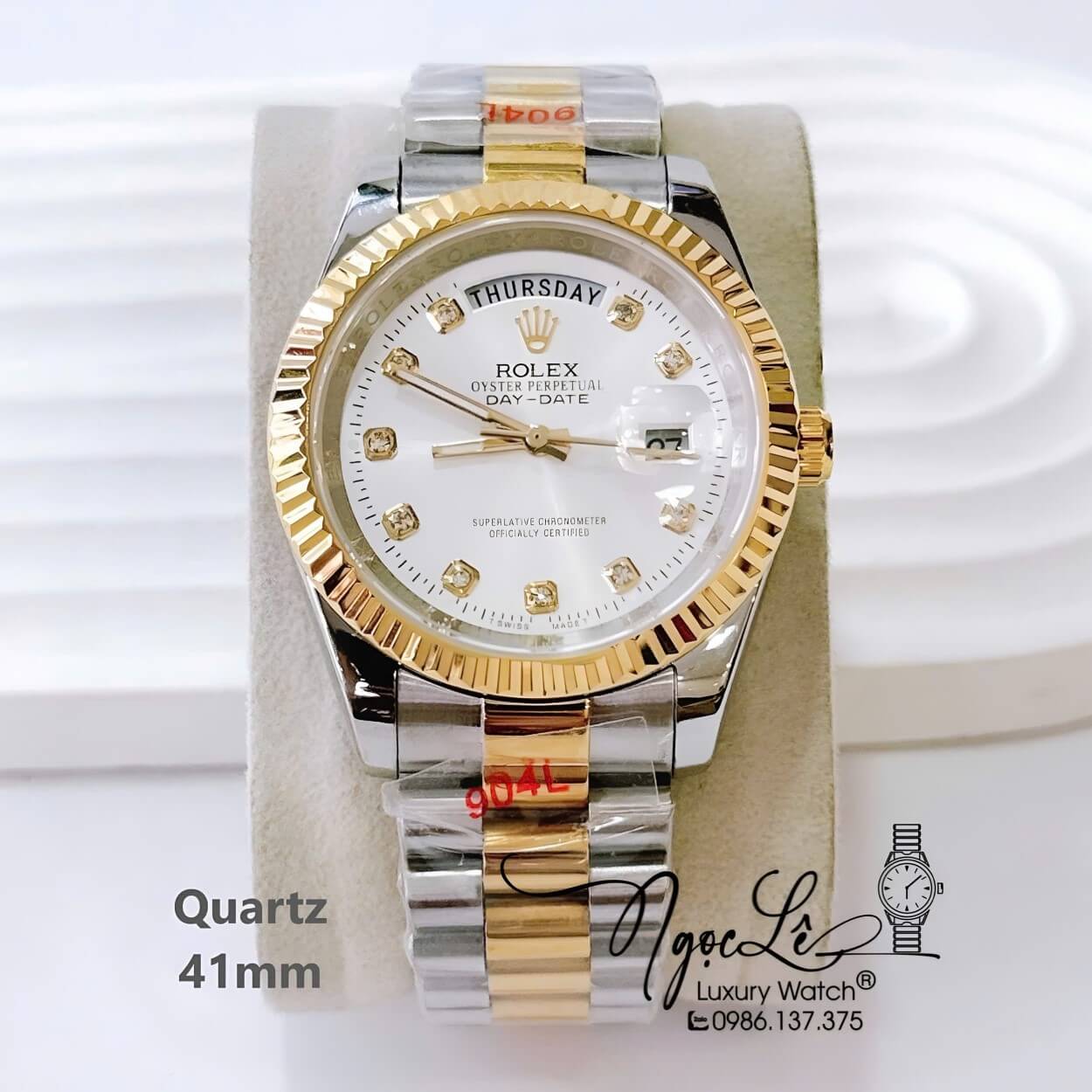 Đồng Hồ Nam Rolex Day Date Dây Kim Loại Demi Vàng Mặt Trắng Size 41mm Máy Pin