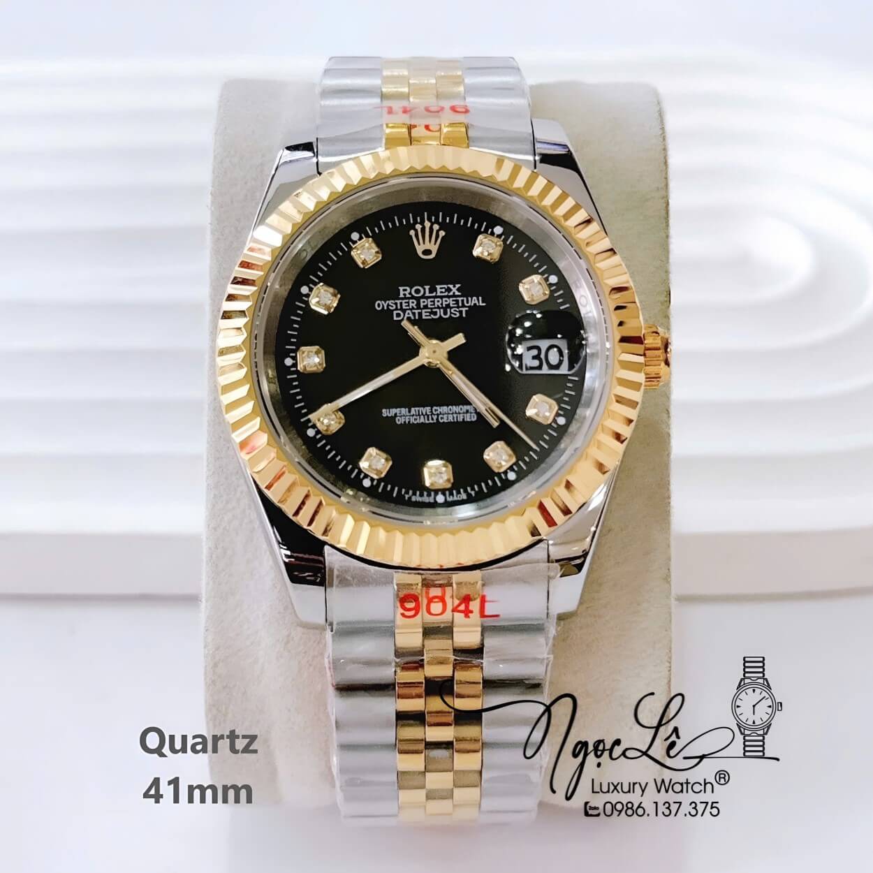 Đồng Hồ Nam Rolex Datejust Dây Kim Loại Demi Vàng Mặt Đen Size 41mm Máy Pin