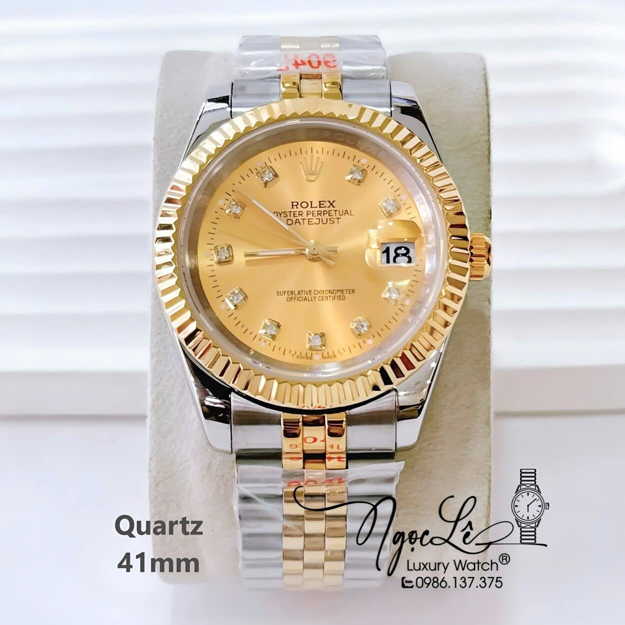 Đồng Hồ Nam Rolex Datejust Dây Kim Loại Demi Vàng Mặt Vàng Size 41mm Máy Pin