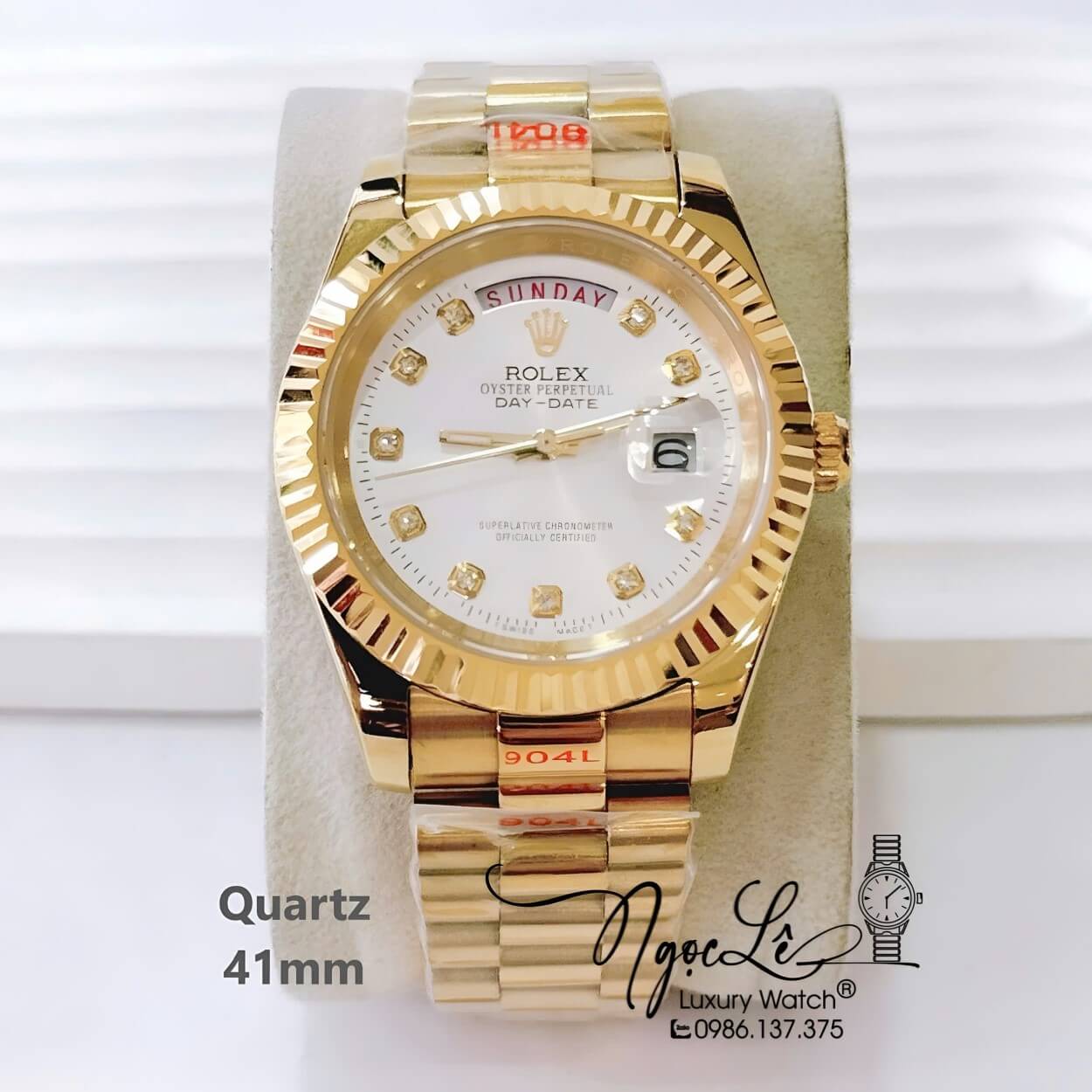 Đồng Hồ Nam Rolex Day Date Dây Kim Loại Vàng Mặt Trắng Size 41mm Máy Pin