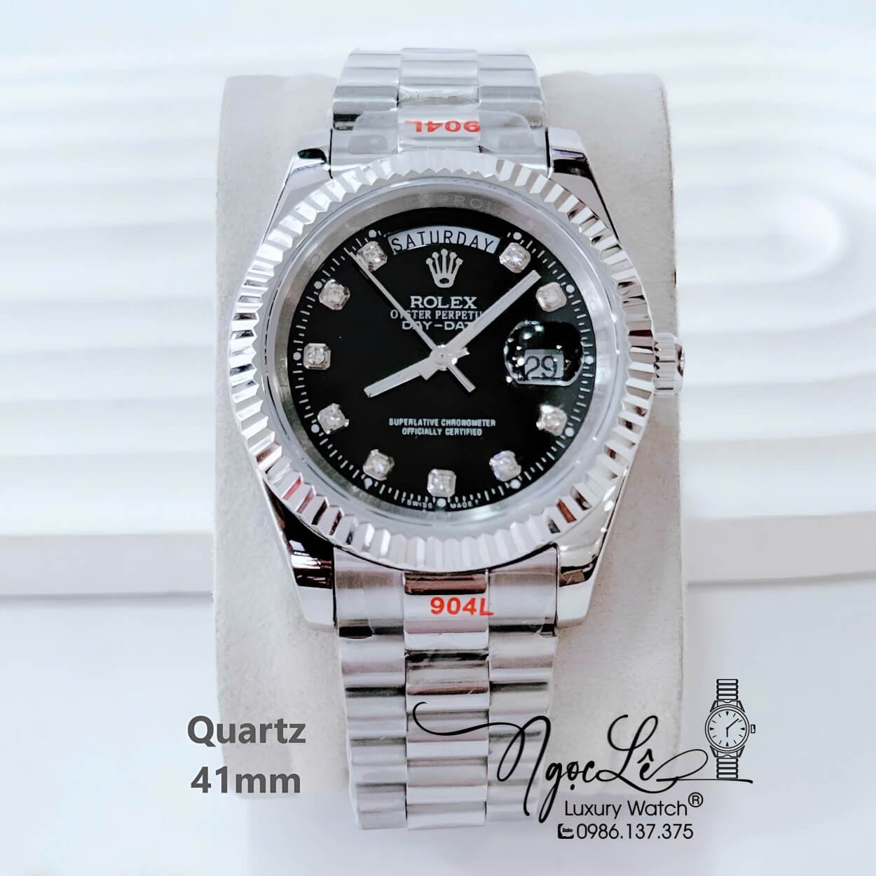 Đồng Hồ Nam Rolex Day Date Dây Kim Loại Bạc Mặt Đen Size 41mm Máy Pin