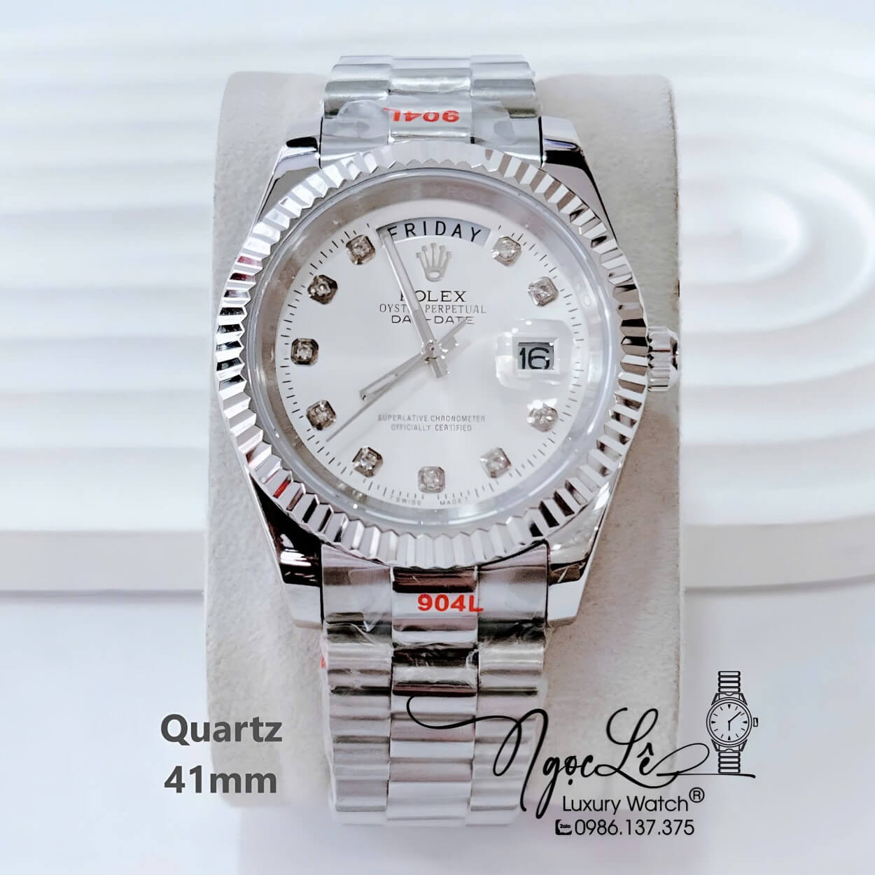 Đồng Hồ Nam Rolex Day Date Dây Kim Loại Bạc Mặt Trắng Size 41mm Máy Pin