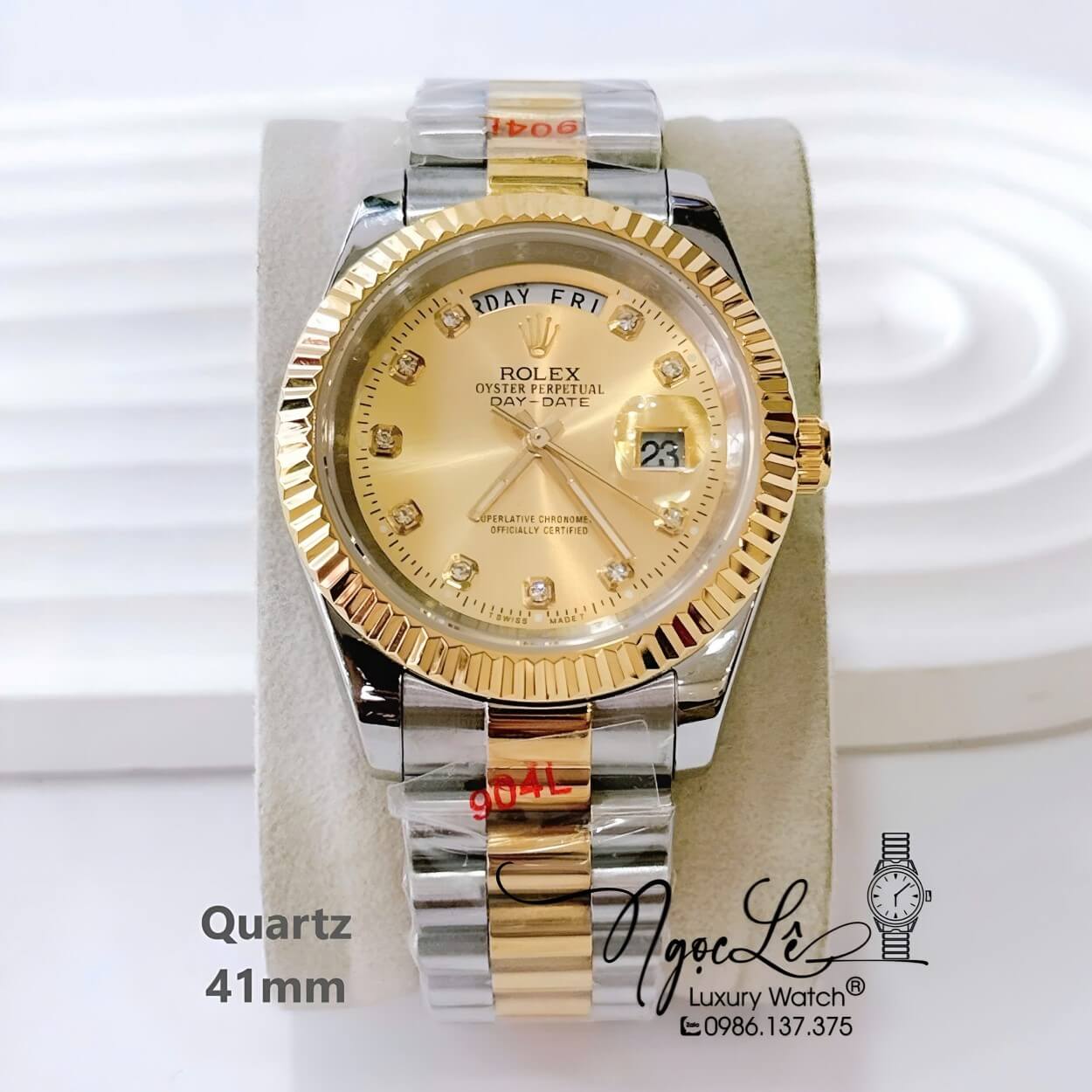 Đồng Hồ Nam Rolex Day Date Dây Kim Loại Demi Vàng Mặt Vàng Size 41mm Máy Pin