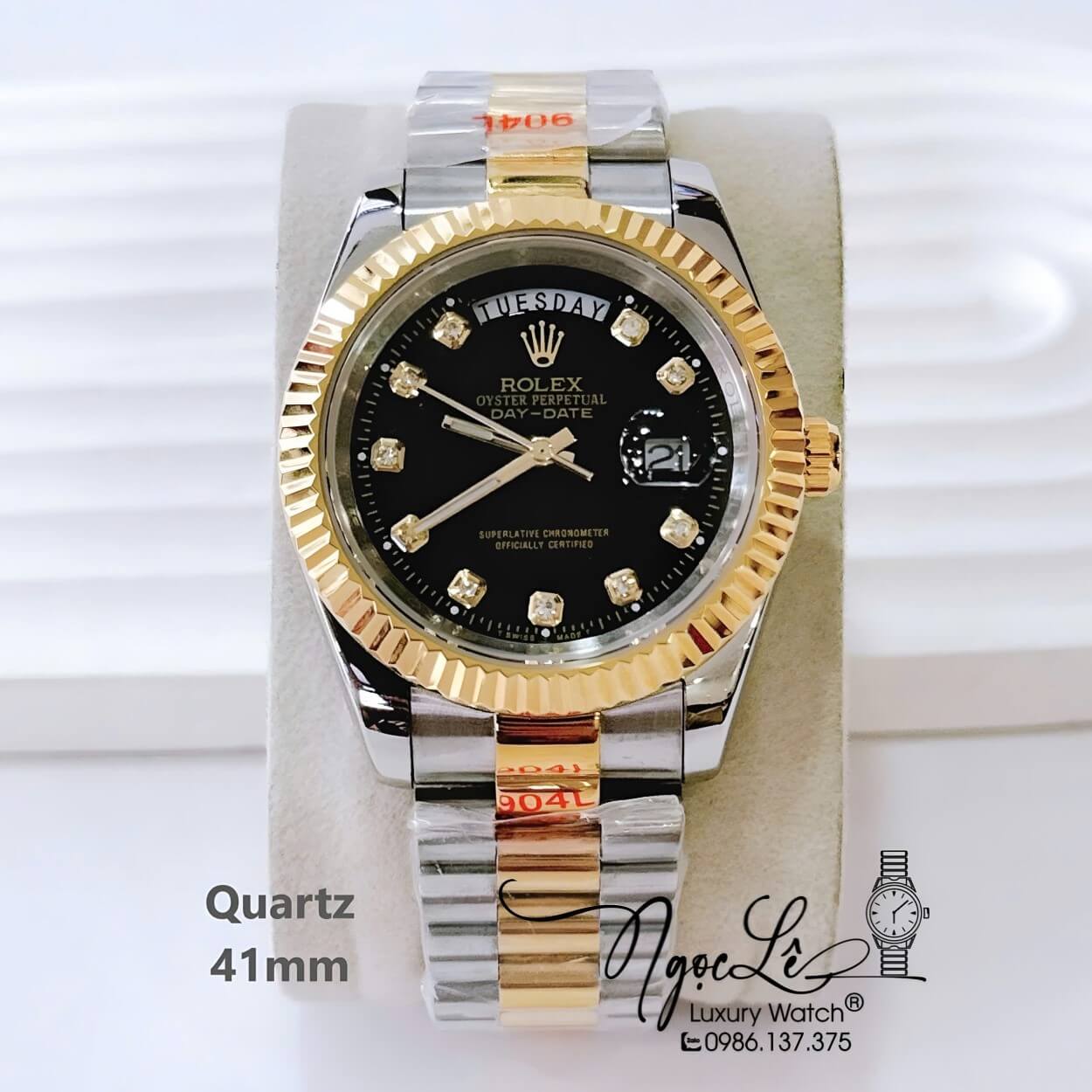 Đồng Hồ Nam Rolex Day Date Dây Kim Loại Demi Vàng Mặt Đen Size 41mm Máy Pin