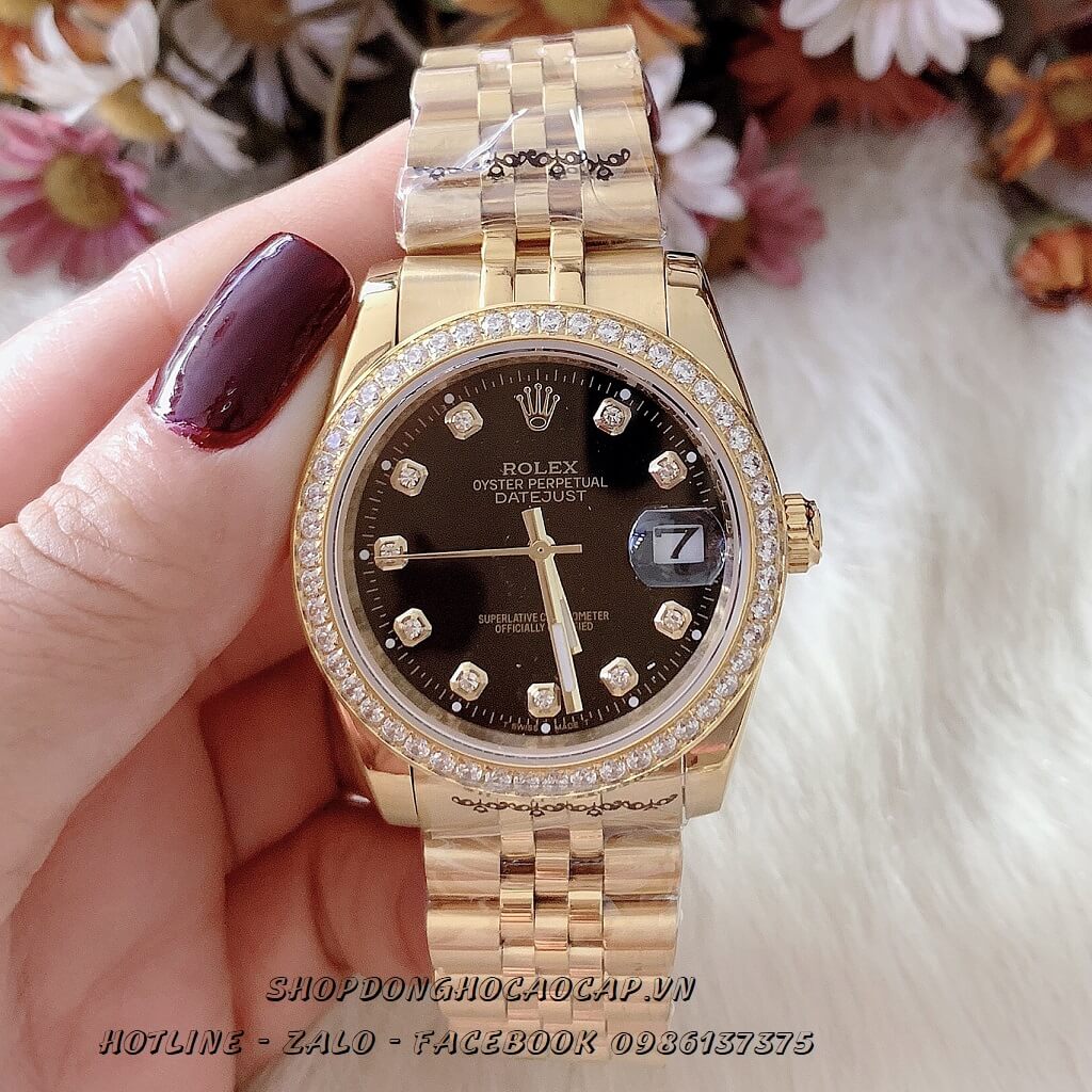 Đồng Hồ Rolex Nam Nữ Vàng Mặt Đen Đính Đá Quartz