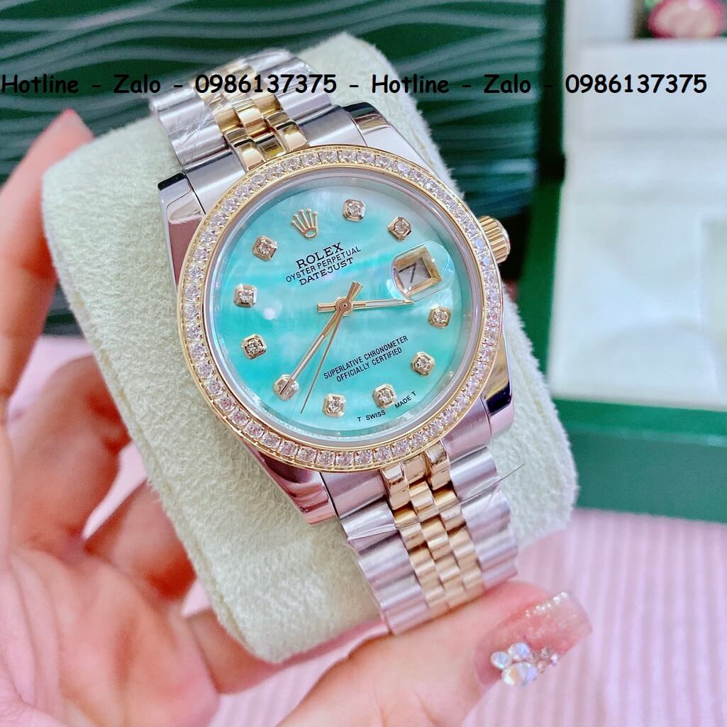 Đồng Hồ Cặp Rolex Demi Vàng Mặt Xanh Xà Cừ 36mm - 32mm