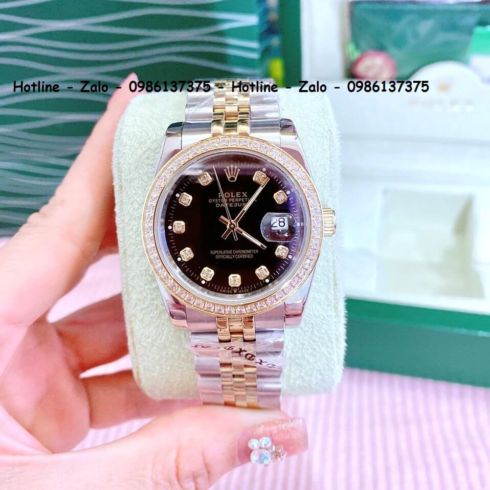 Đồng Hồ Cặp Rolex Quartz Siêu Cấp Demi Mặt Đen Đính Đá