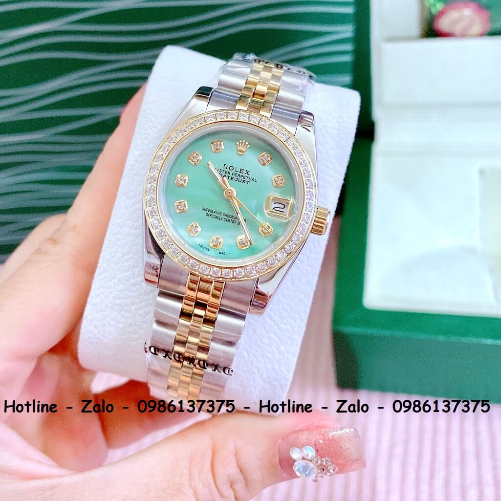 Đồng Hồ Cặp Rolex Demi Vàng Mặt Xanh Xà Cừ 36mm - 32mm