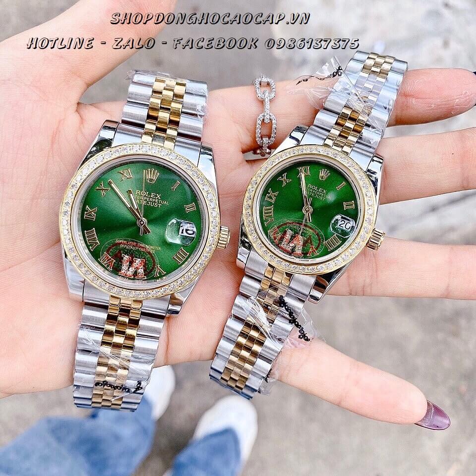 Đồng Hồ Cặp Rolex Pin Demi Mặt Xanh 36mm - 32mm