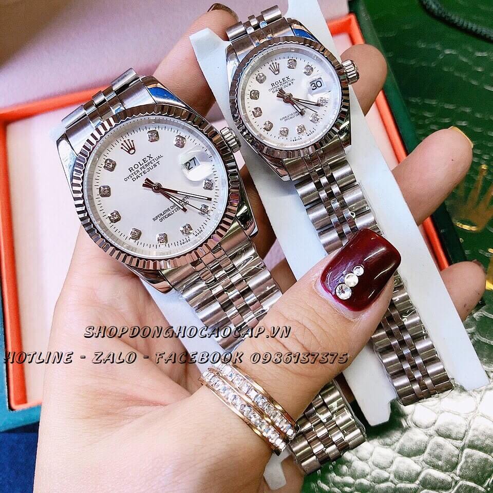 Đồng Hồ Cặp Rolex Bạc Mặt Trắng Máy Quartz