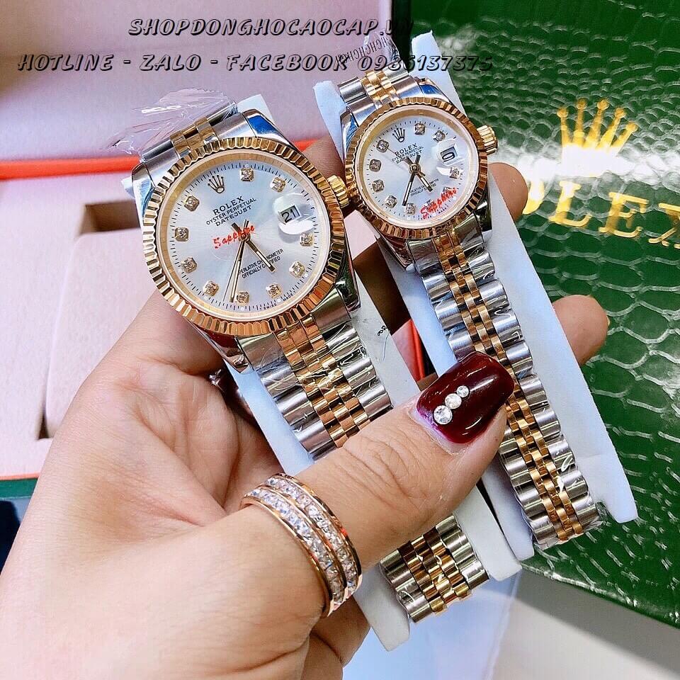 Đồng Hồ Cặp Rolex Demi Mặt Trắng Máy Quartz