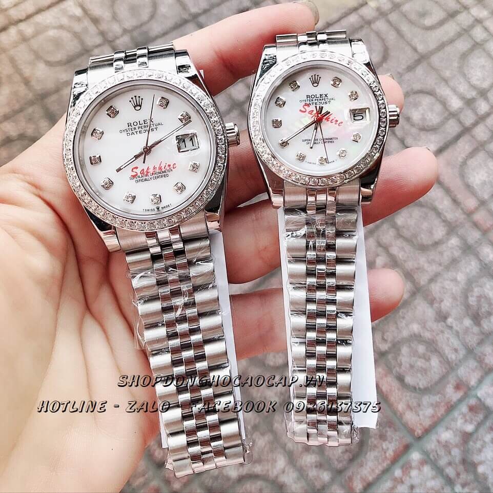 Đồng Hồ Cặp Rolex Pin Bạc Mặt Trắng 36mm - 32mm