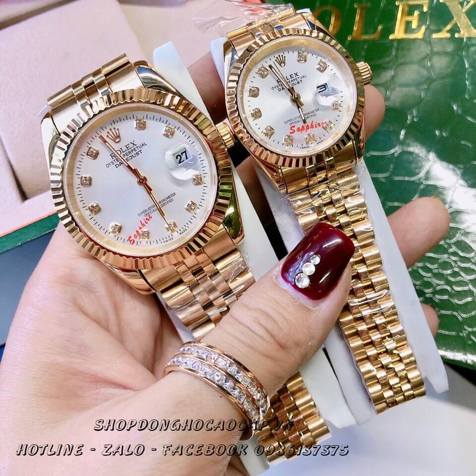 Đồng Hồ Cặp Rolex Vàng Mặt Trắng Máy Quartz