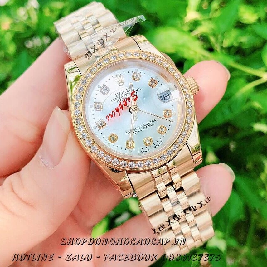 Đồng Hồ Rolex Nam Nữ Vàng Mặt Trắng Đính Đá 36mm Quartz