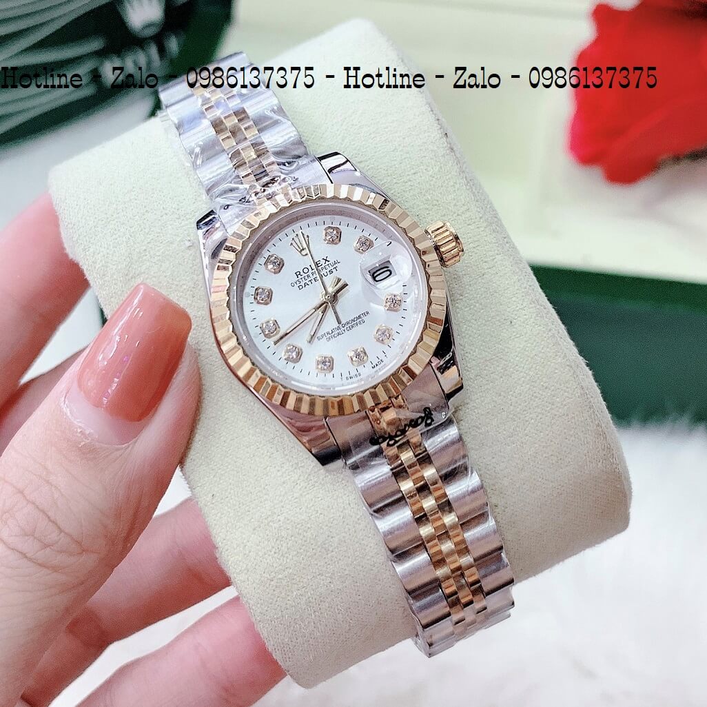 Đồng Hồ Rolex Quartz Demi Gold Mặt Trắng Nam Nữ Cao Cấp