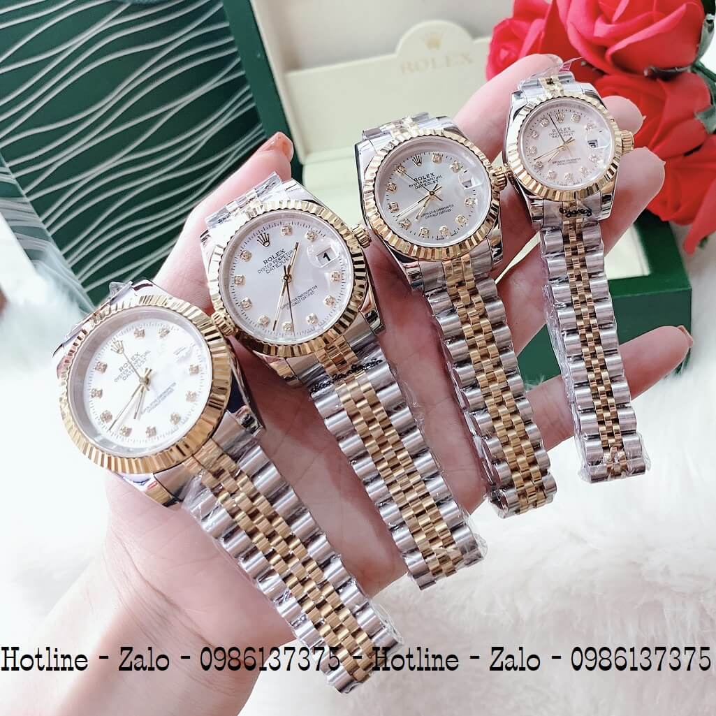 Đồng Hồ Rolex Quartz Demi Gold Mặt Trắng Nam Nữ Cao Cấp