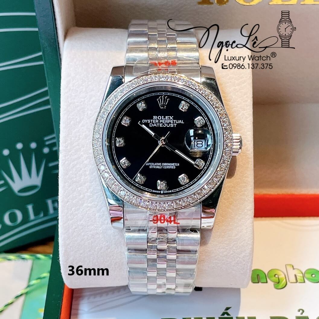 Đồng Hồ Rolex Datejust Quartz Dây Bạc Mặt Đen Size 36mm Đính Đá Cao Cấp