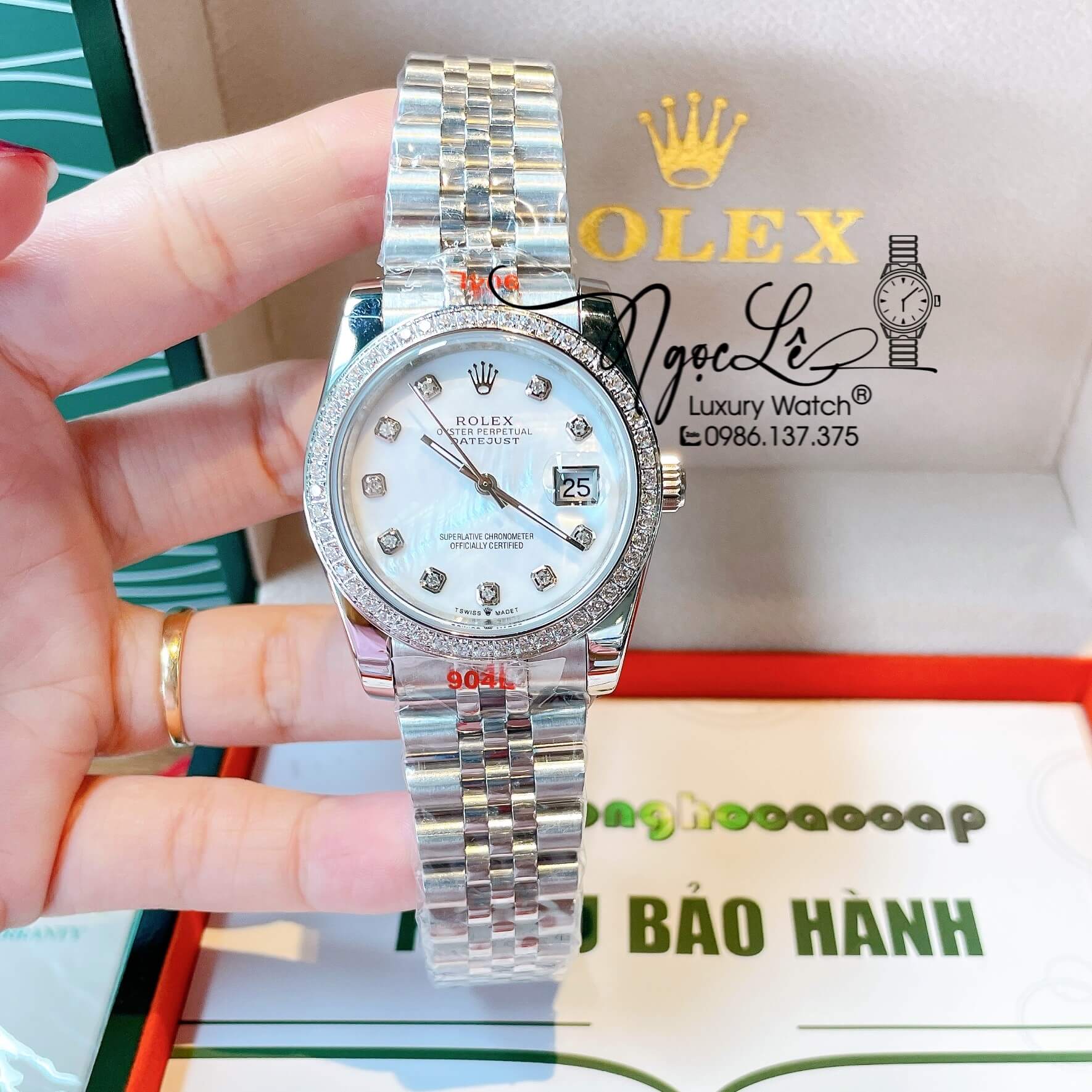 Đồng Hồ Rolex Datejust Quartz Dây Bạc Mặt Trắng Xà Cừ Size 36mm Đính Đá